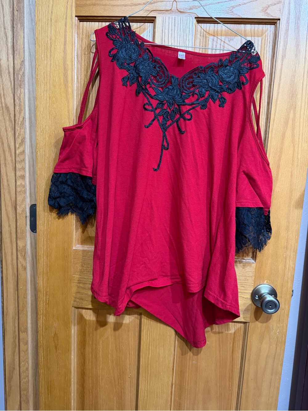 Boohoo Red Cold-Shoulder Top with Black Lace Trim